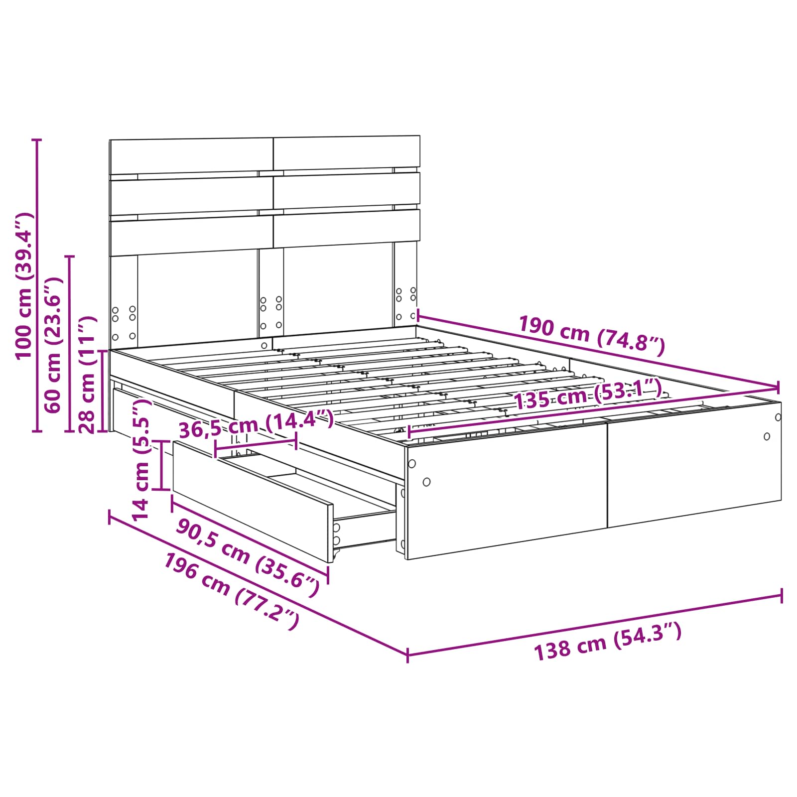 Bedframe met lade Gerookt eiken 135 x 190 cm Bewerkt hout