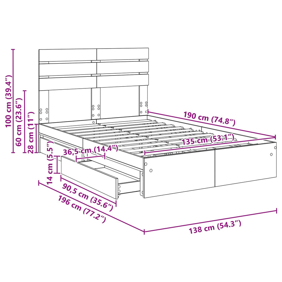 Bedframe met lade Gerookt eiken 135 x 190 cm Bewerkt hout