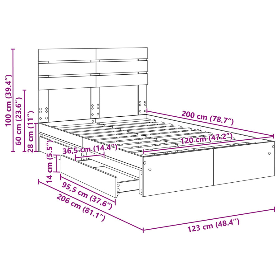 Opslag bed met lade Sonoma Eiken 120 x 200 cm Bewerkt hout