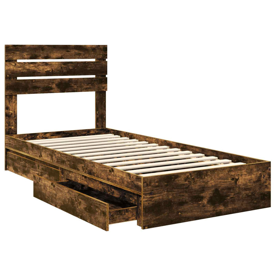 Bedframe met lade Gerookt eiken 100 x 200 cm Bewerkt hout