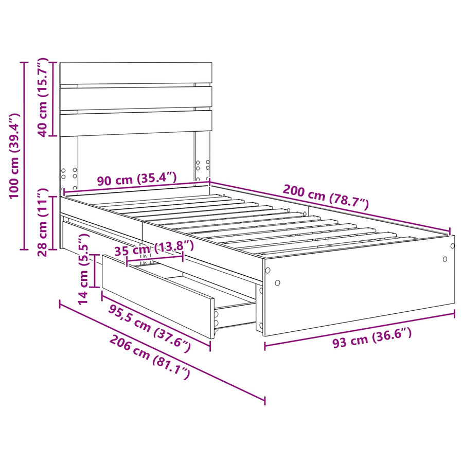 Bedframe met lade Sonoma Eiken 90 x 200 cm Bewerkt hout