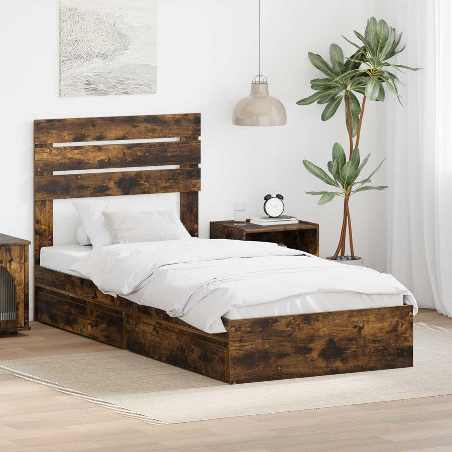 Bedframe met lade Gerookt eiken 90 x 200 cm Bewerkt hout