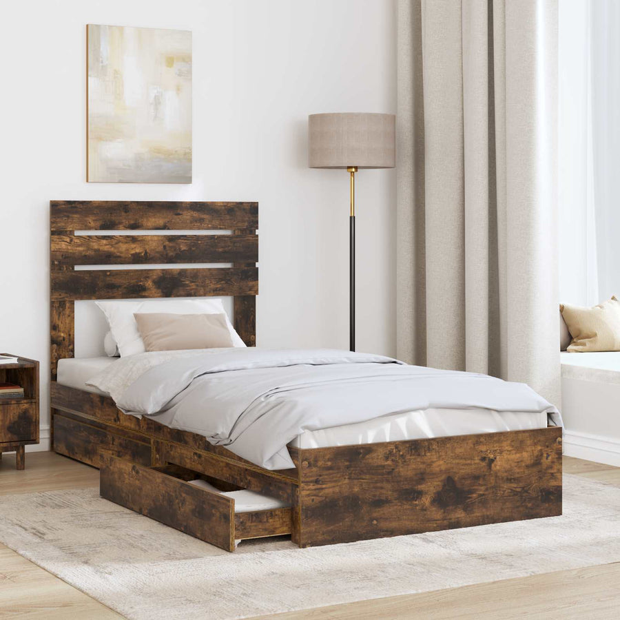 Bedframe met lade Gerookt eiken 90 x 200 cm Bewerkt hout