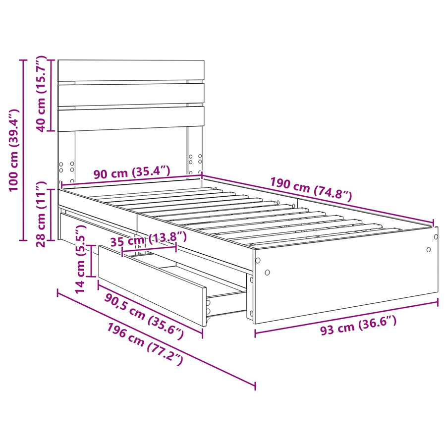 Bedframe met lade Gerookt eiken 90 x 190 cm Bewerkt hout
