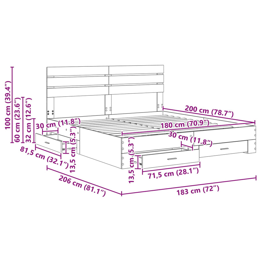 Bedframe met lade met hoofdeinde met opslag Bewerkt hout