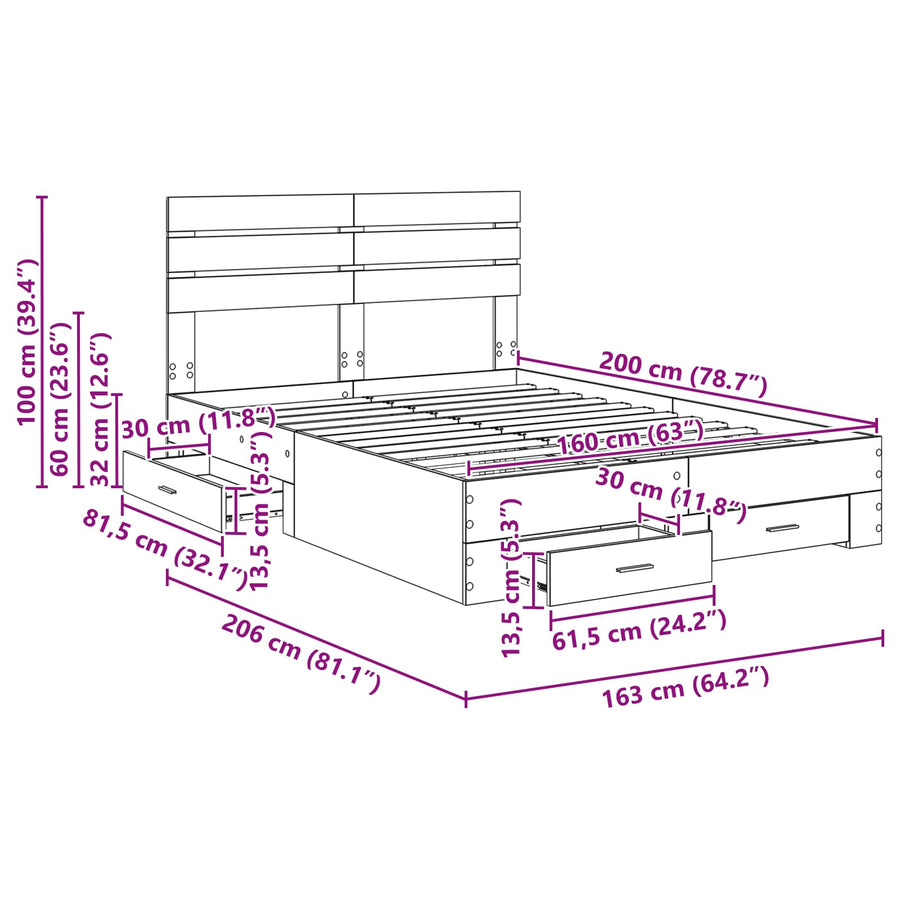 Bedframe met lade met hoofdeinde met opslag Bewerkt hout