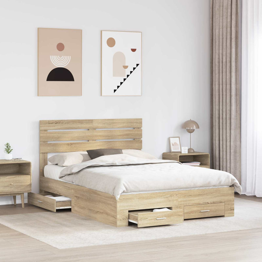 Bedframe met lade met hoofdeinde met opslag Bewerkt hout