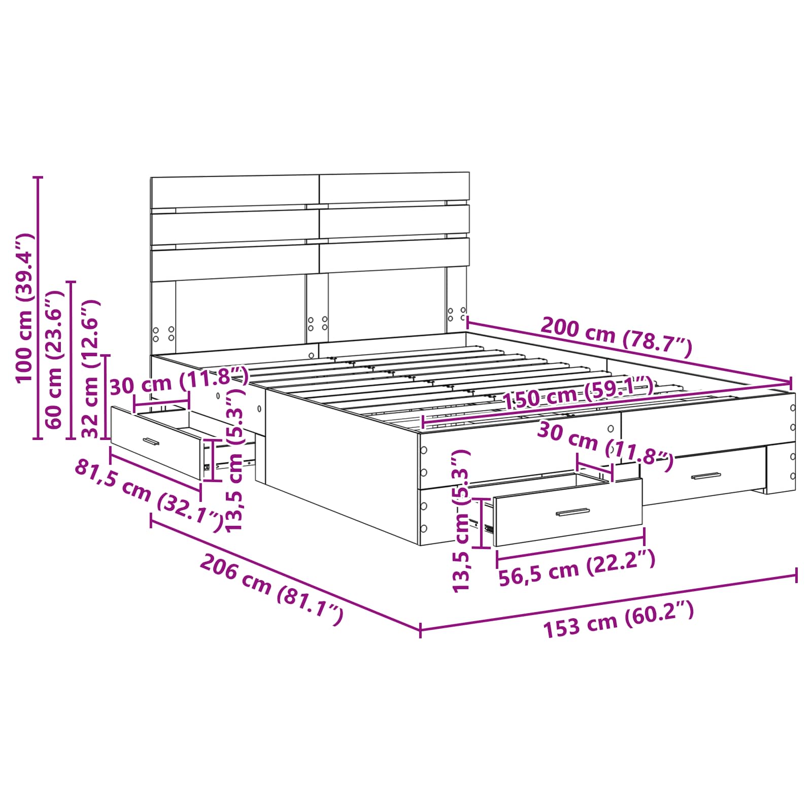 Bedframe met lade met hoofdeinde met opslag Bewerkt hout