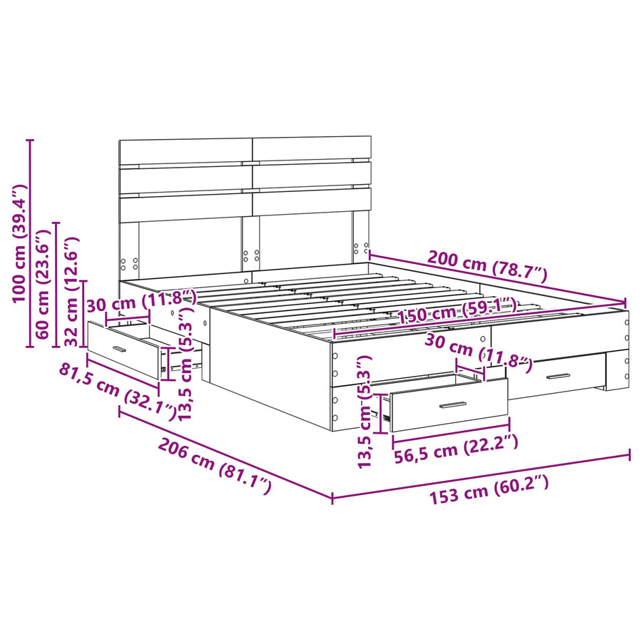Bedframe met lade met hoofdeinde met opslag Bewerkt hout