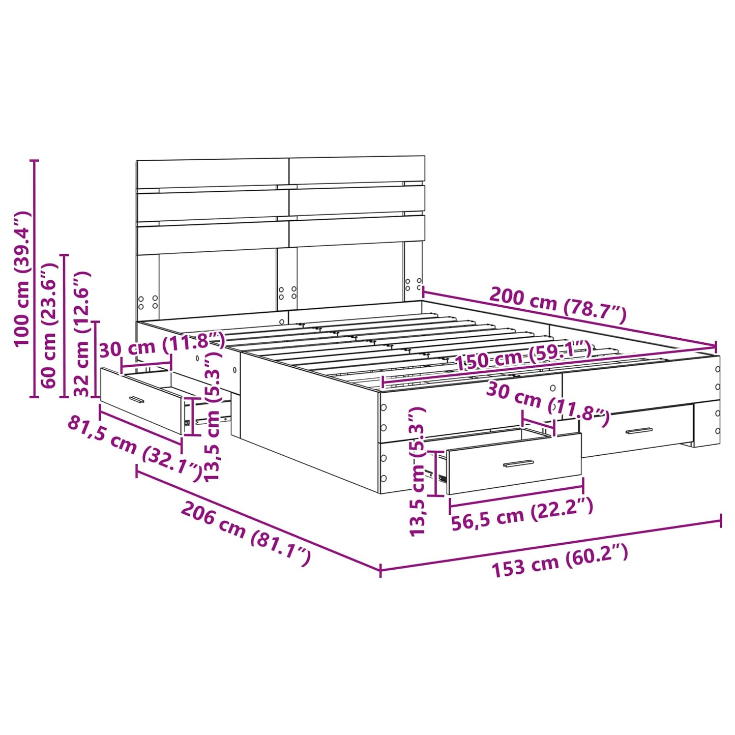 Bedframe met lade met hoofdeinde met opslag Bewerkt hout