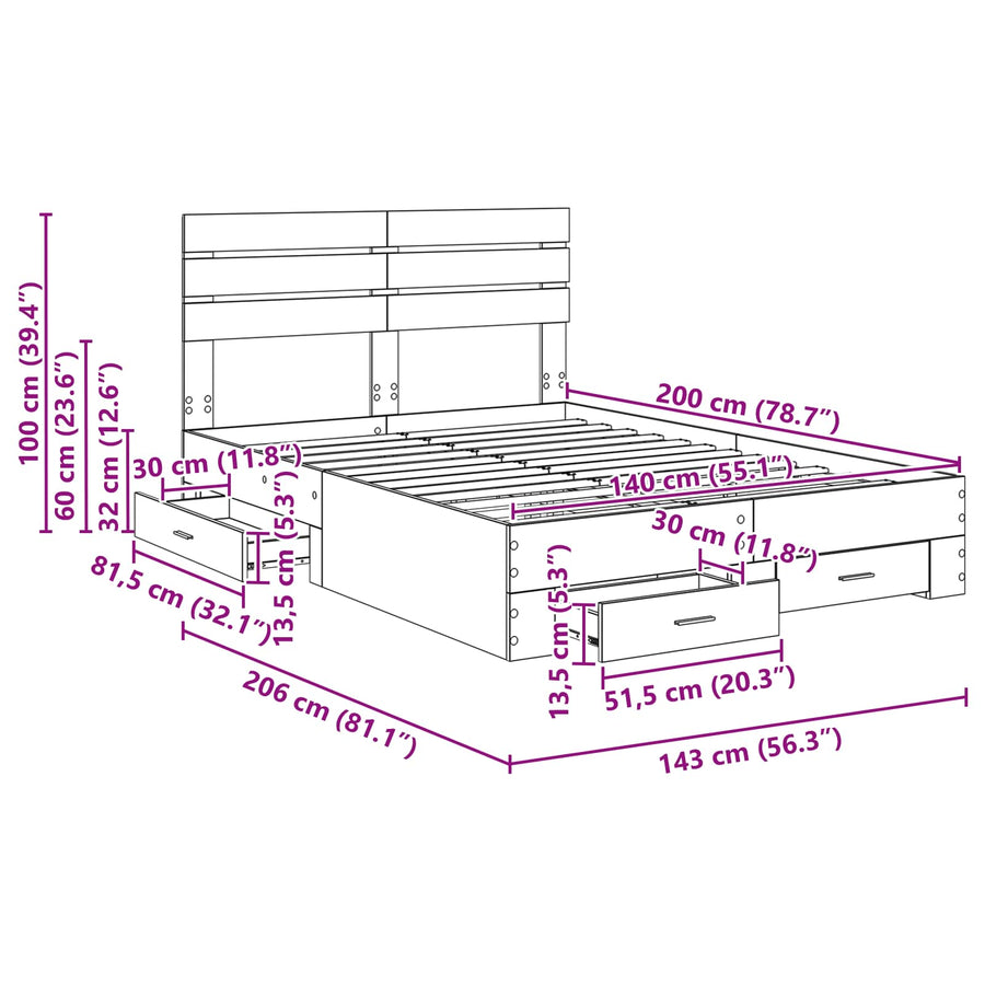 Bedframe met lade met hoofdeinde met opslag Bewerkt hout