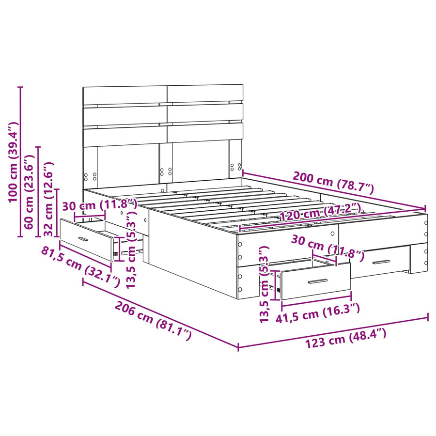 Bedframe met lade met hoofdeinde met opslag Bewerkt hout
