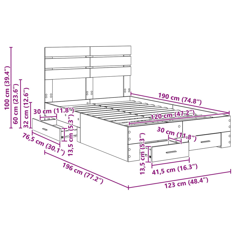 Bedframe met lade met hoofdeinde met opslag Bewerkt hout