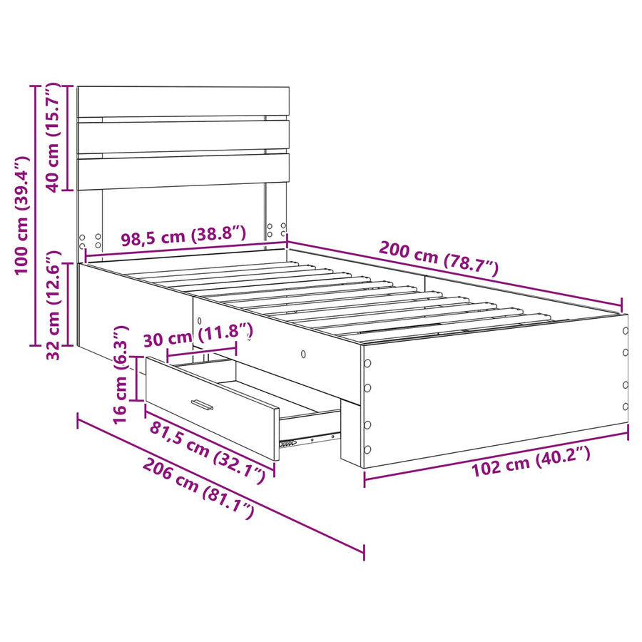Bedframe met lade met hoofdeinde met opslag Bewerkt hout