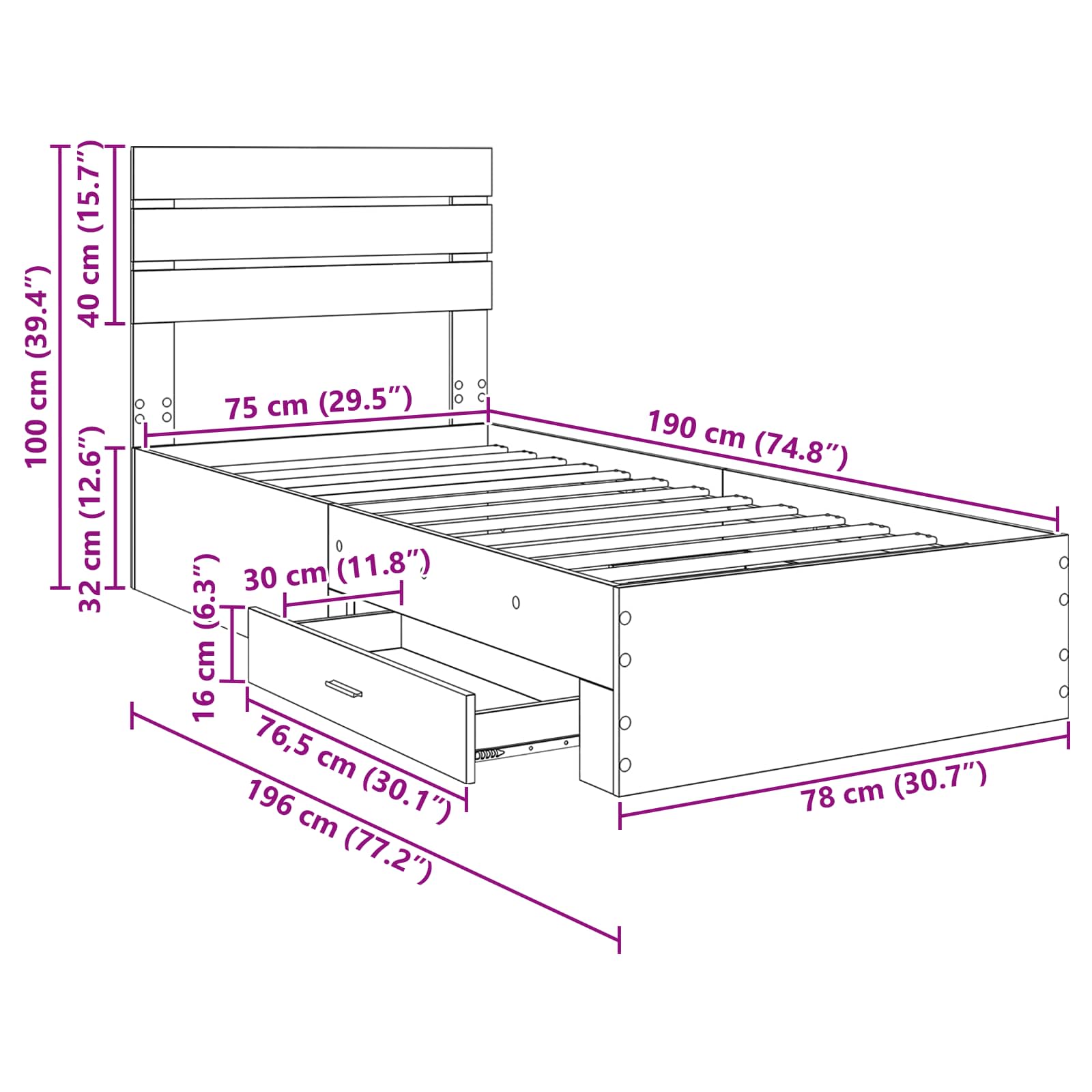 Bedframe Grijs Sonoma en Zilver 75 x 190 cm Bewerkt hout