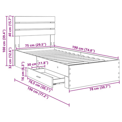 Bedframe Grijs Sonoma en Zilver 75 x 190 cm Bewerkt hout