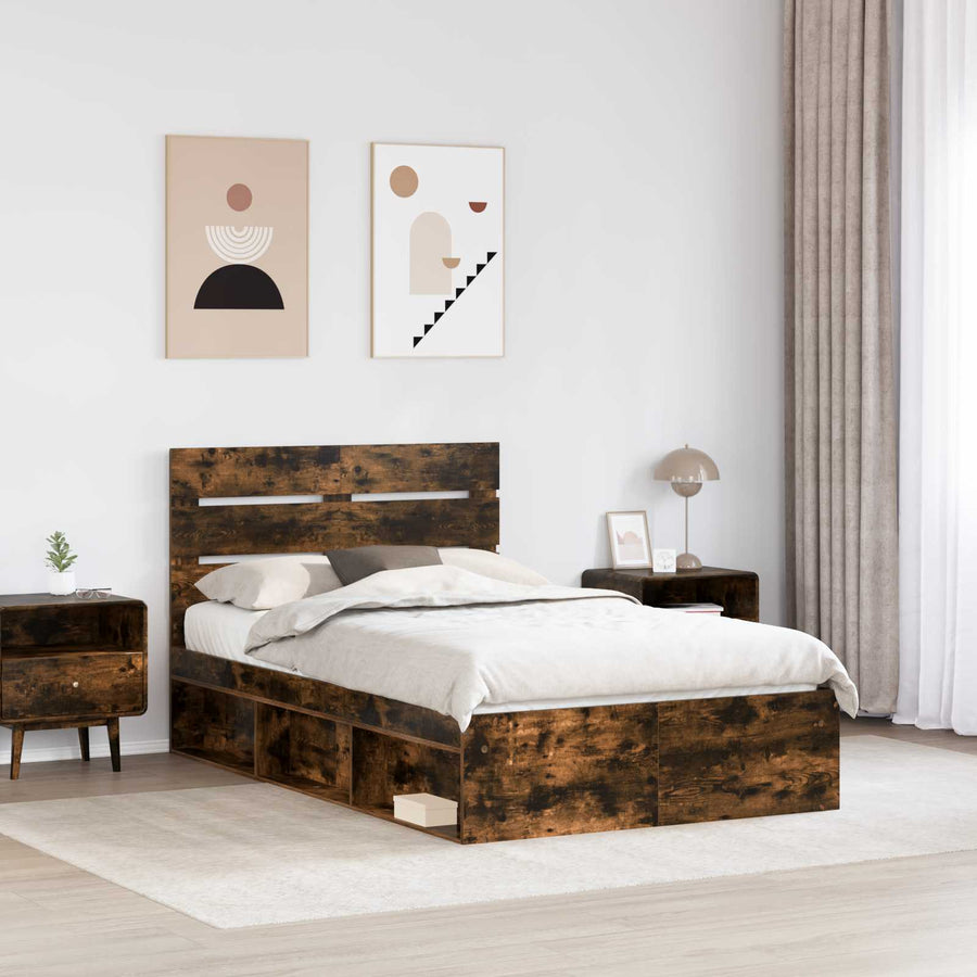 Bedframe Gerookt eiken 135 x 190 cm Massief grenenhout