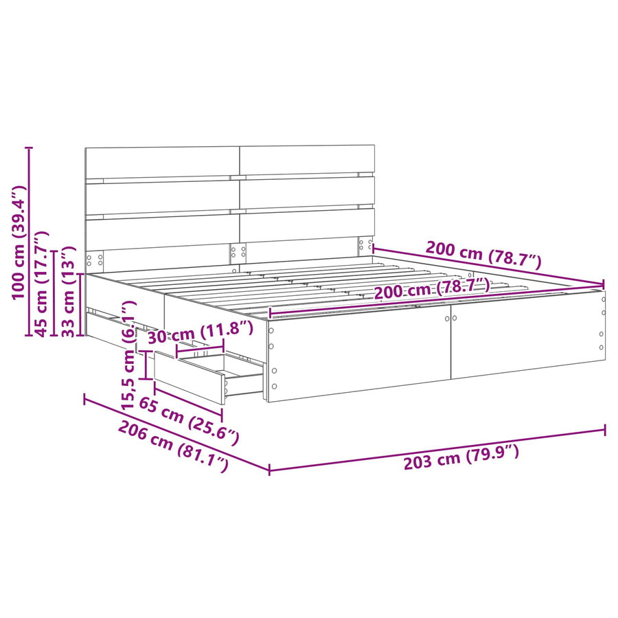 Bedframe met lade Sonoma Eiken 200 x 200 cm Ingenieurshout