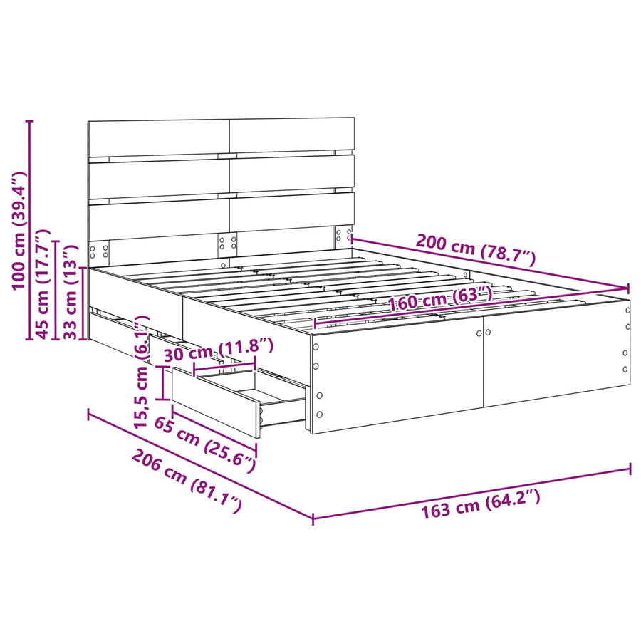 Bedframe met lade Grijs Sonoma 160 x 200 cm Ingenieurshout