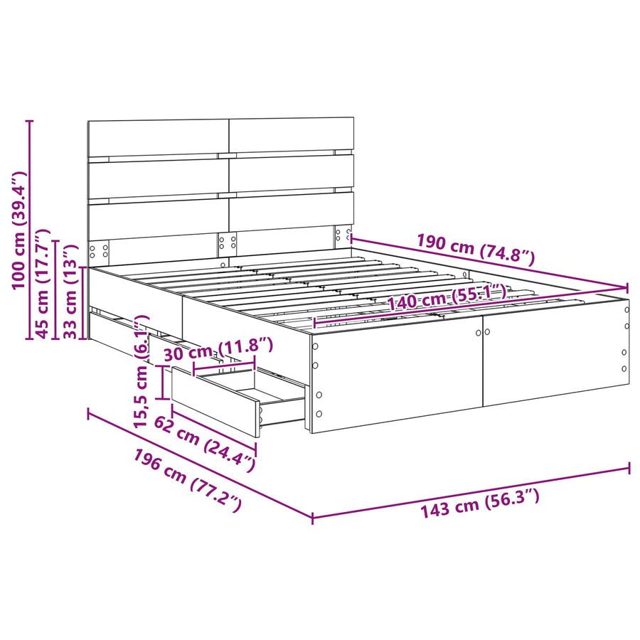 Bedframe met lade met opslag Wit 140 x 190 cm Ingenieurshout