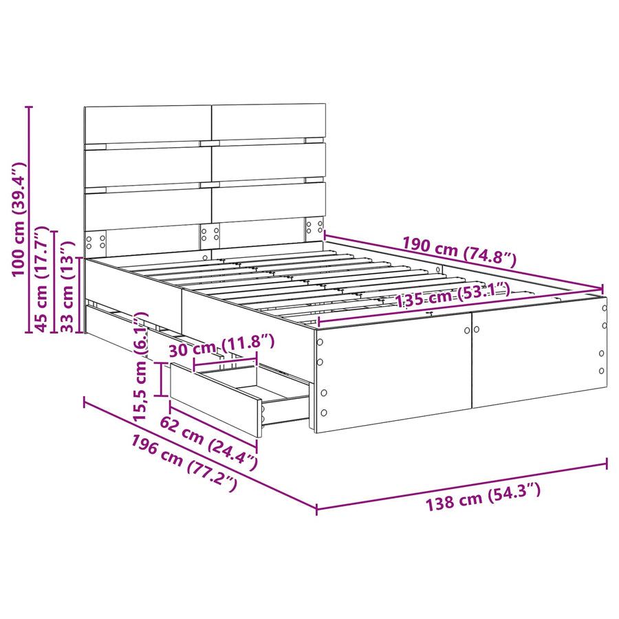 Bedframe met lade Gerookt eiken 135 x 190 cm Ingenieurshout