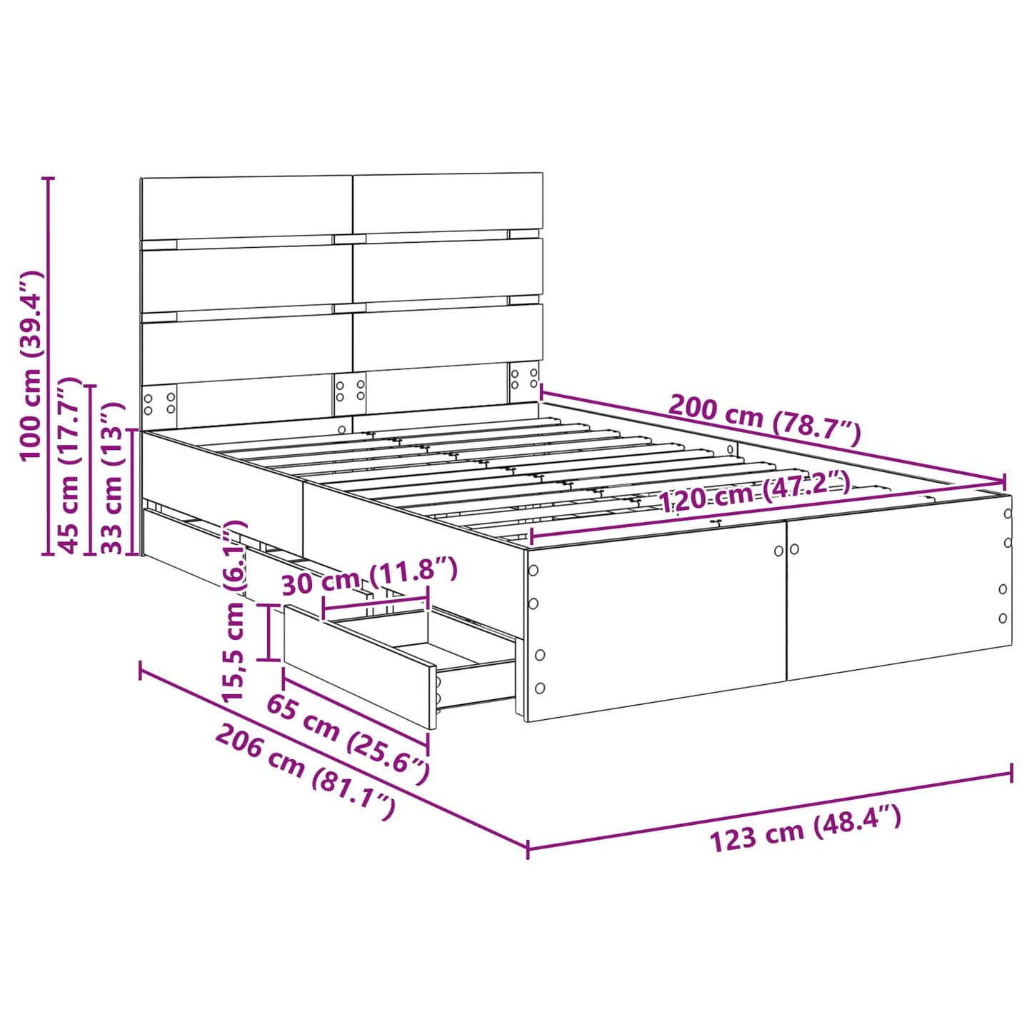 Bedframe met lade Gerookt eiken 120 x 200 cm Ingenieurshout