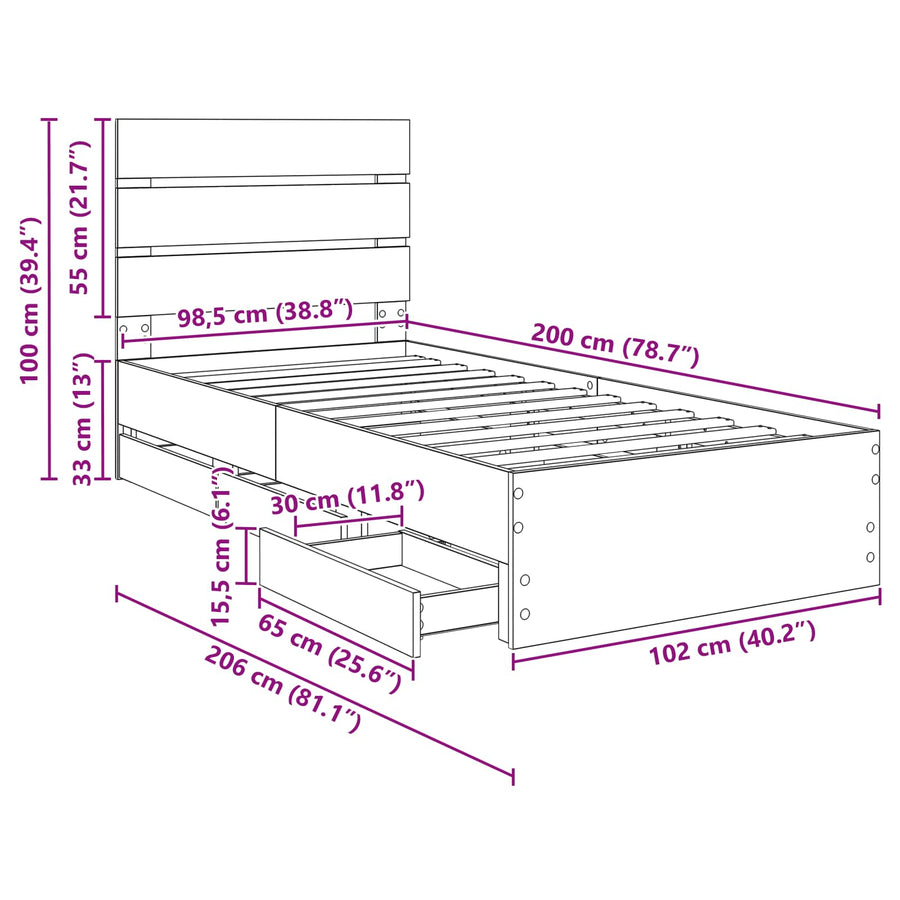 Bedframe met lade met opslag Wit 100 x 200 cm Ingenieurshout