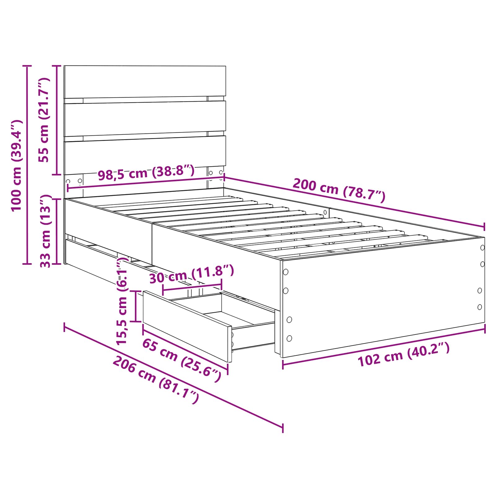 Bedframe met lade Gerookt eiken 100 x 200 cm Ingenieurshout