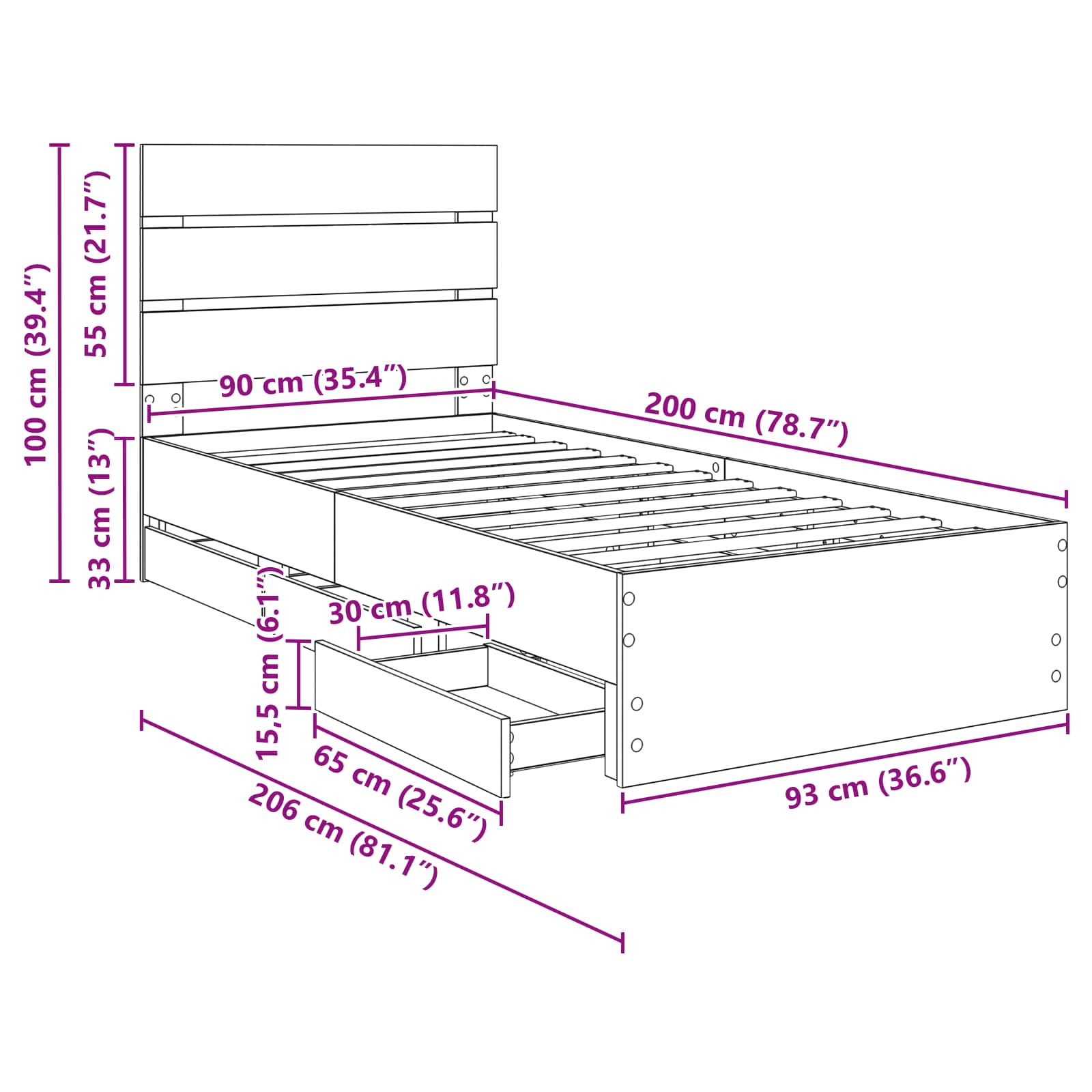 Bedframe met lade Beton Grijs 90 x 200 cm Ingenieurshout