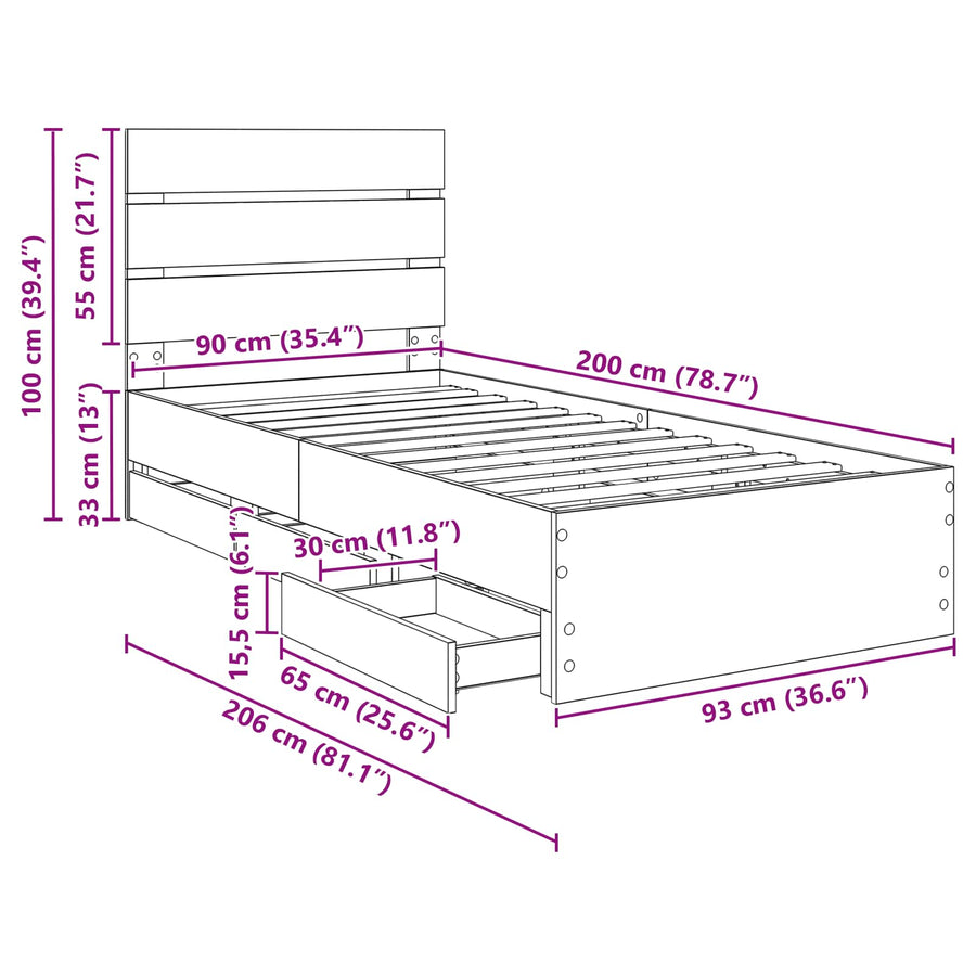Bedframe met lade Gerookt eiken 90 x 200 cm Ingenieurshout