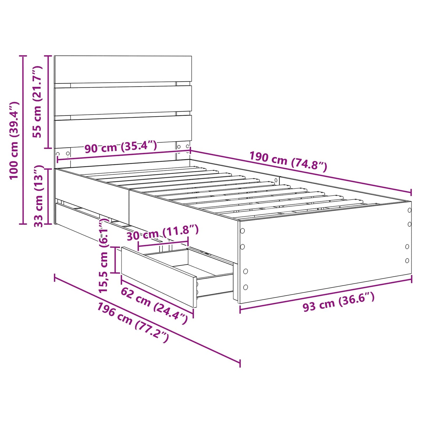 Bedframe met lade Gerookt eiken 90 x 190 cm Ingenieurshout