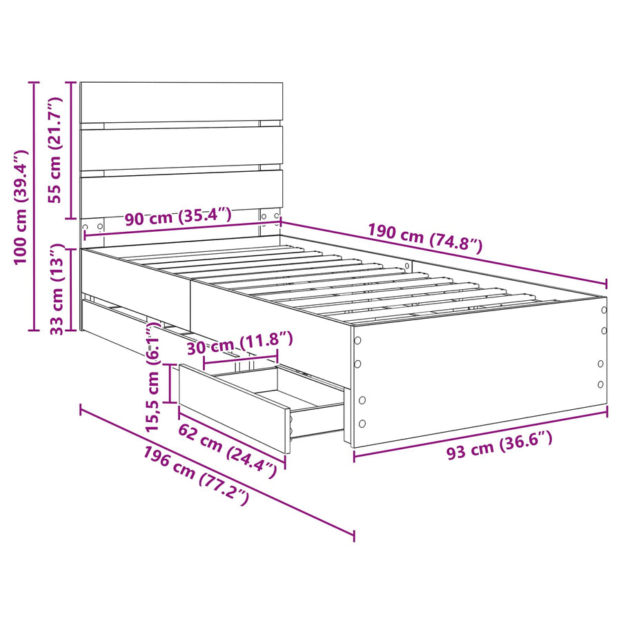 Bedframe met lade Gerookt eiken 90 x 190 cm Ingenieurshout