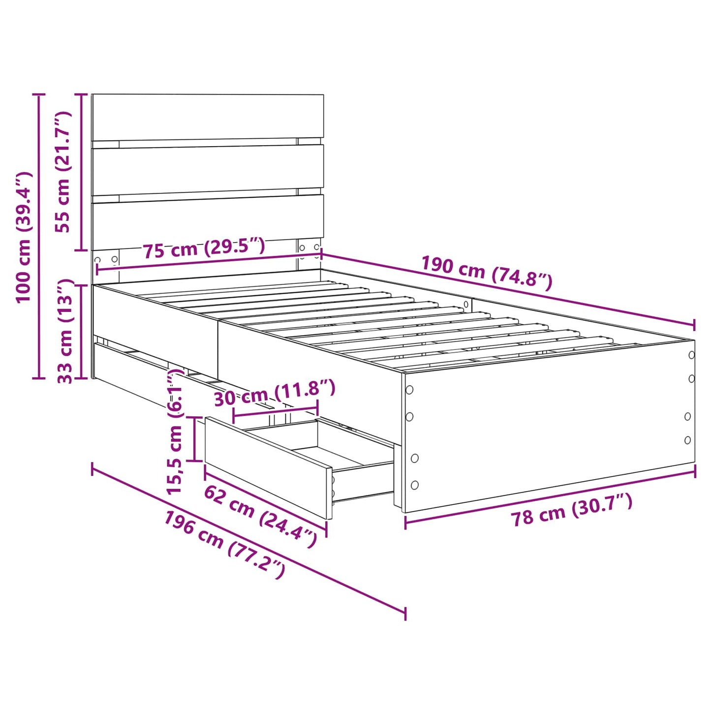 Bedframe met lade Gerookt eiken 75 x 190 cm Ingenieurshout