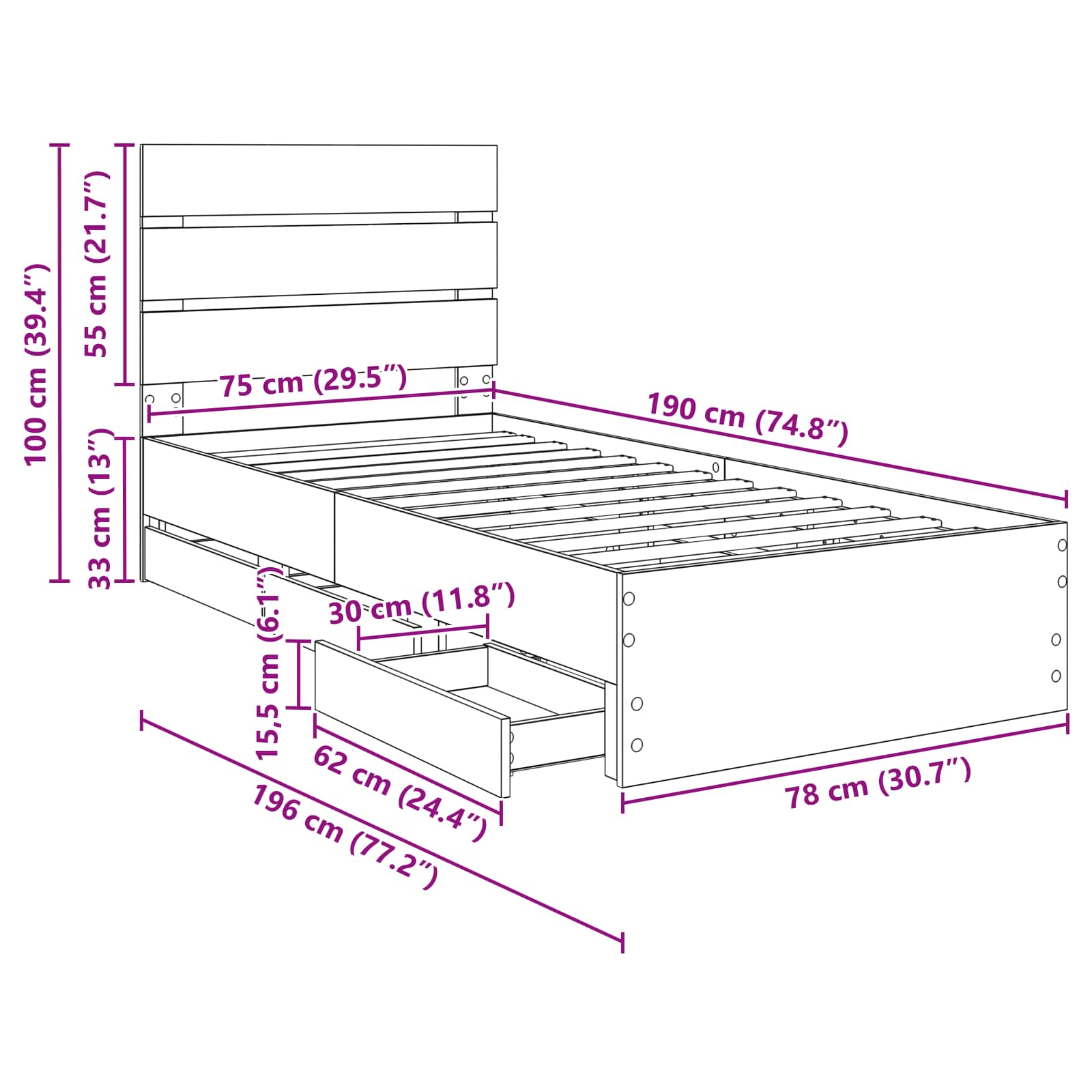 Bedframe met lade Grijs Sonoma 75 x 190 cm Ingenieurshout