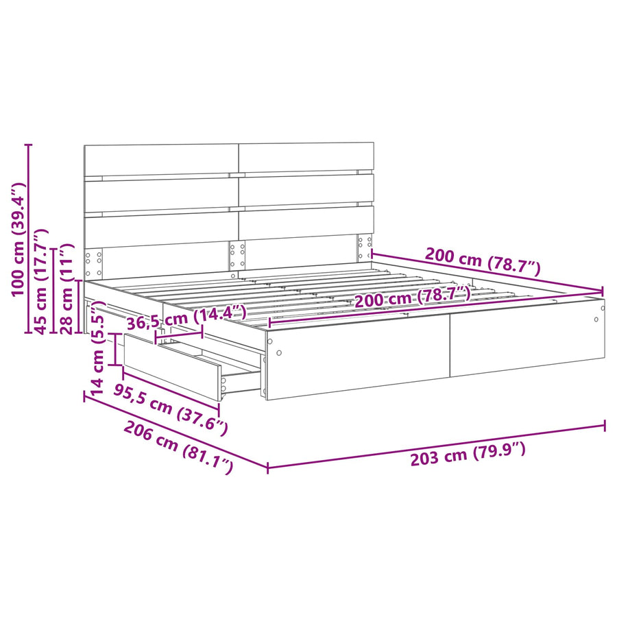 Opslag bed met hoofdeinde Beton Grijs 200 x 200 cm Bewerkt hout