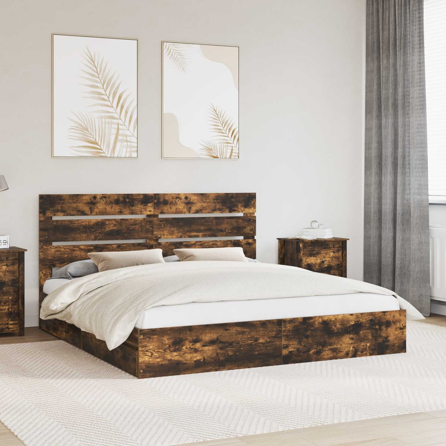 Opslag bed met lade Gerookt eiken 180 x 200 cm Bewerkt hout