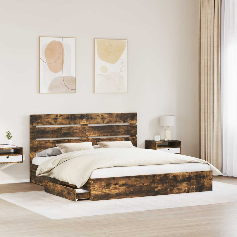 Opslag bed met lade Gerookt eiken 180 x 200 cm Bewerkt hout