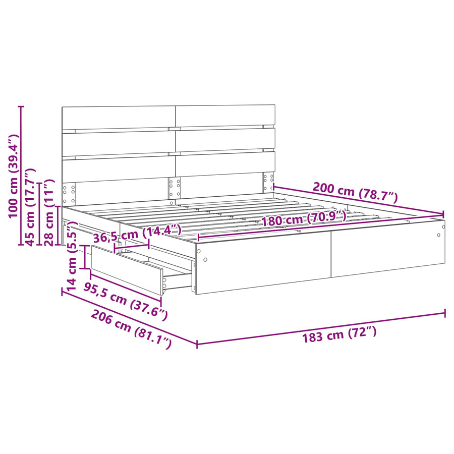 Opslag bed met lade Grijs Sonoma 180 x 200 cm Bewerkt hout