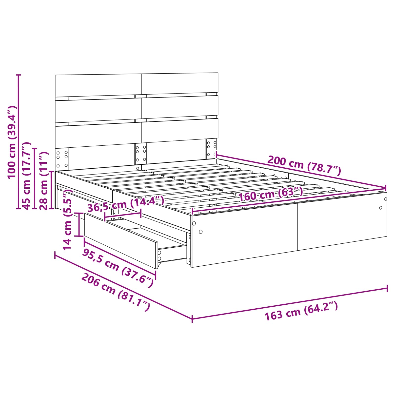 Opslag bed met lade Grijs Sonoma 160 x 200 cm Bewerkt hout
