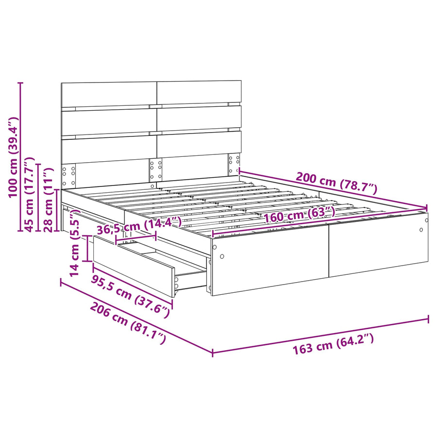 Opslag bed met lade Grijs Sonoma 160 x 200 cm Bewerkt hout