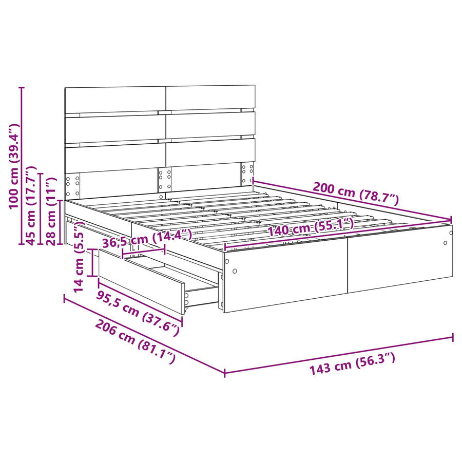 Opslag bed met hoofdeinde Wit 140 x 200 cm Bewerkt hout