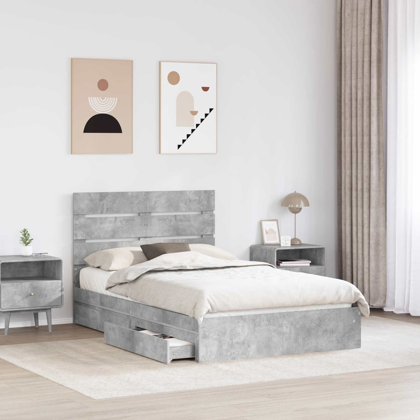 Opslag bed met hoofdeinde Beton Grijs 135 x 190 cm Bewerkt hout