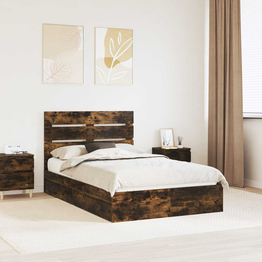 Opslag bed met lade Gerookt eiken 135 x 190 cm Bewerkt hout