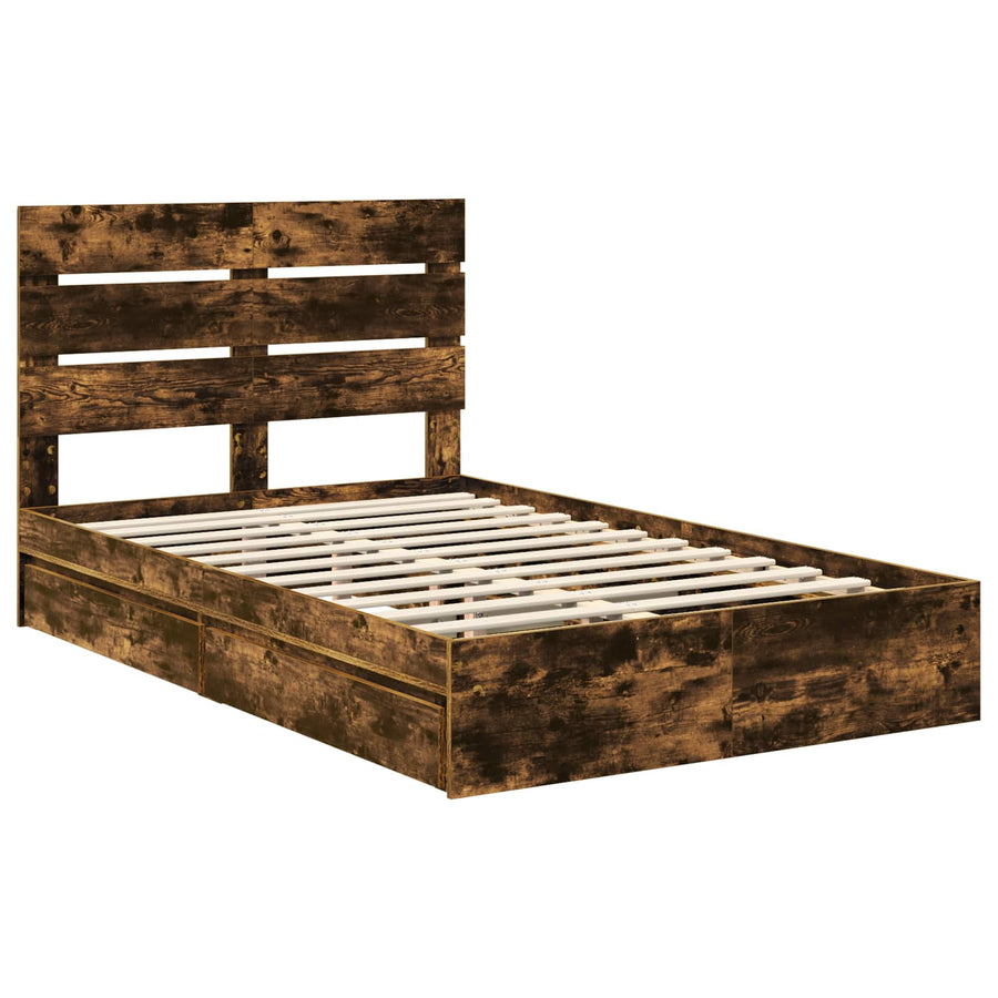 Opslag bed met lade Gerookt eiken 135 x 190 cm Bewerkt hout