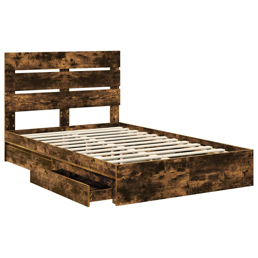 Opslag bed met lade Gerookt eiken 135 x 190 cm Bewerkt hout