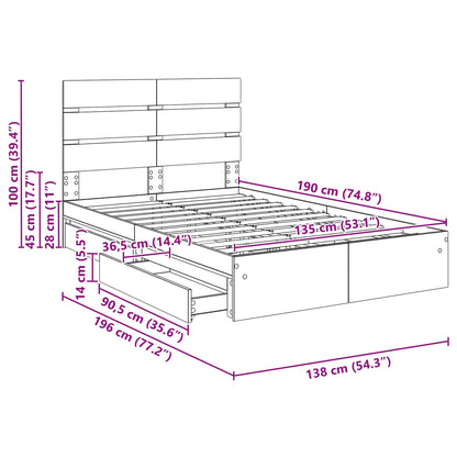 Opslag bed met lade Gerookt eiken 135 x 190 cm Bewerkt hout
