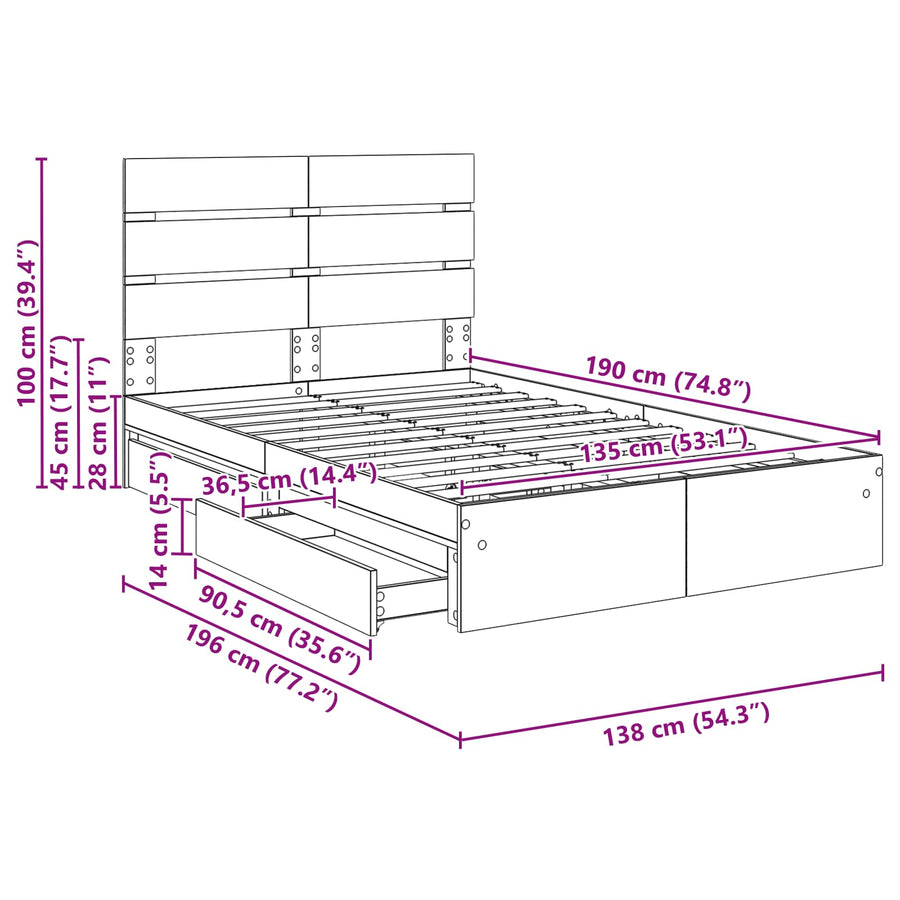 Opslag bed met lade Gerookt eiken 135 x 190 cm Bewerkt hout