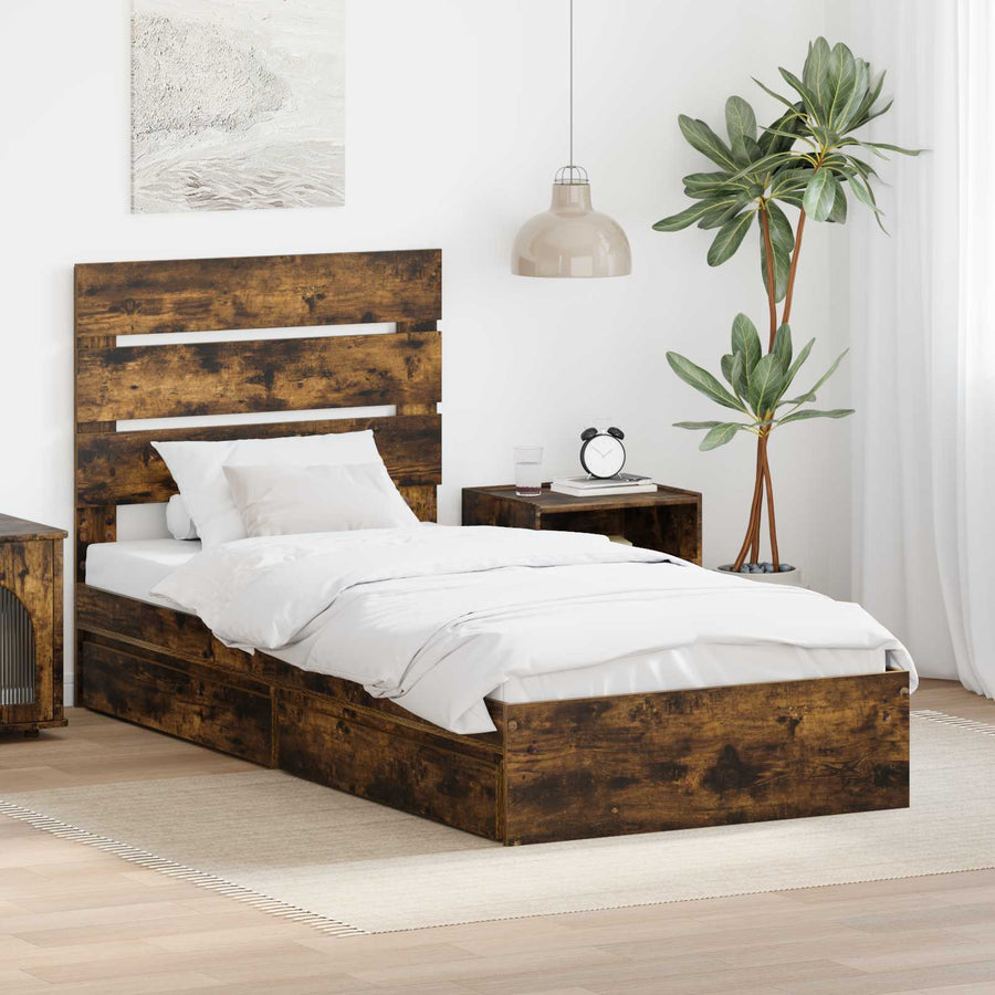 Opslag bed met lade Gerookt eiken 100 x 200 cm Bewerkt hout