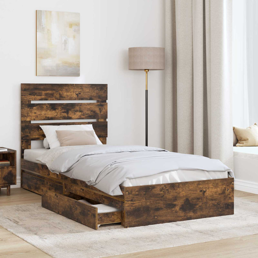 Opslag bed met lade Gerookt eiken 100 x 200 cm Bewerkt hout