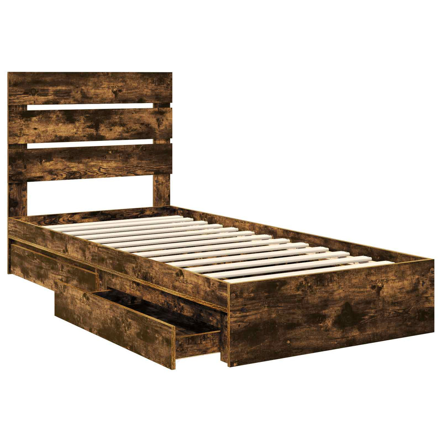 Opslag bed met lade Gerookt eiken 100 x 200 cm Bewerkt hout